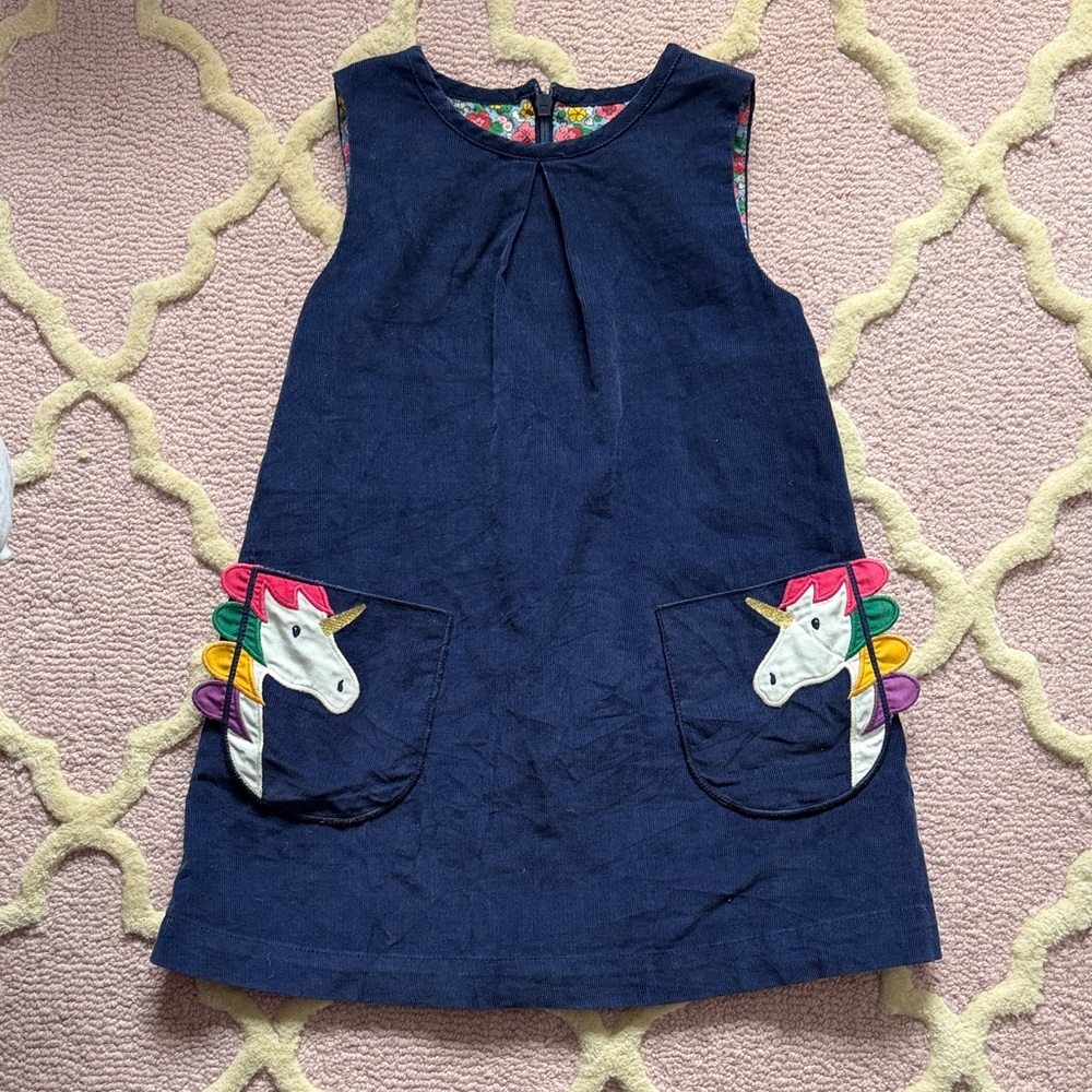 Mini Boden Navy corduroy jumper Dress with Unicorn Pockets 3-4Y